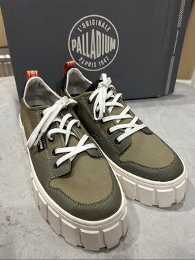 Palladium Olive Canvas Low-Top Sneakers with White Soles and Orange Heel Tabs